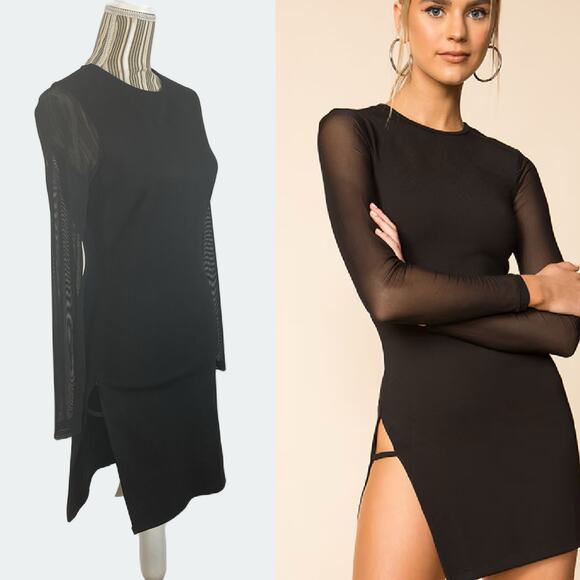 Revolve Superdown Nia Black Bodycon Dress Sheer Sleeves Size Medium - Picture 2 of 13